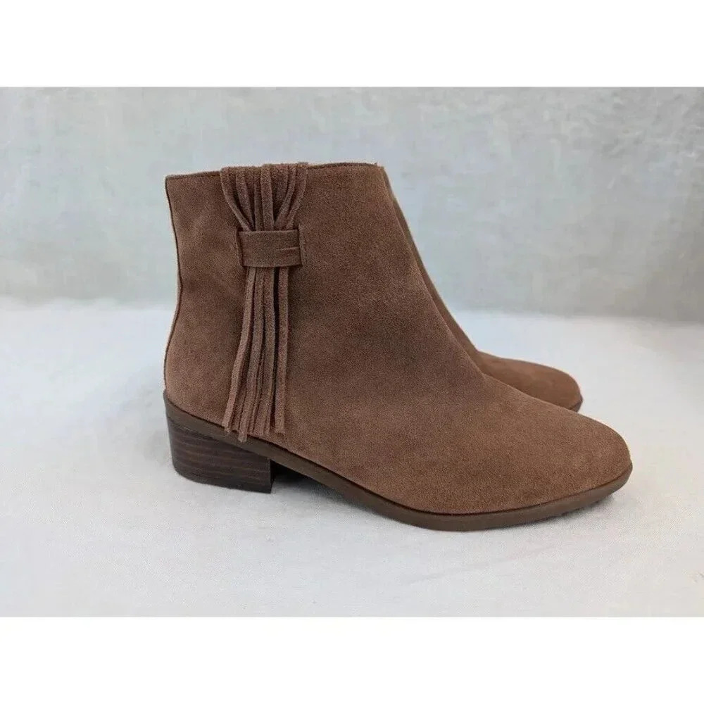 Bella~Vita Brown suede ankle boots with fringe, 1 inch heel, women's size 7